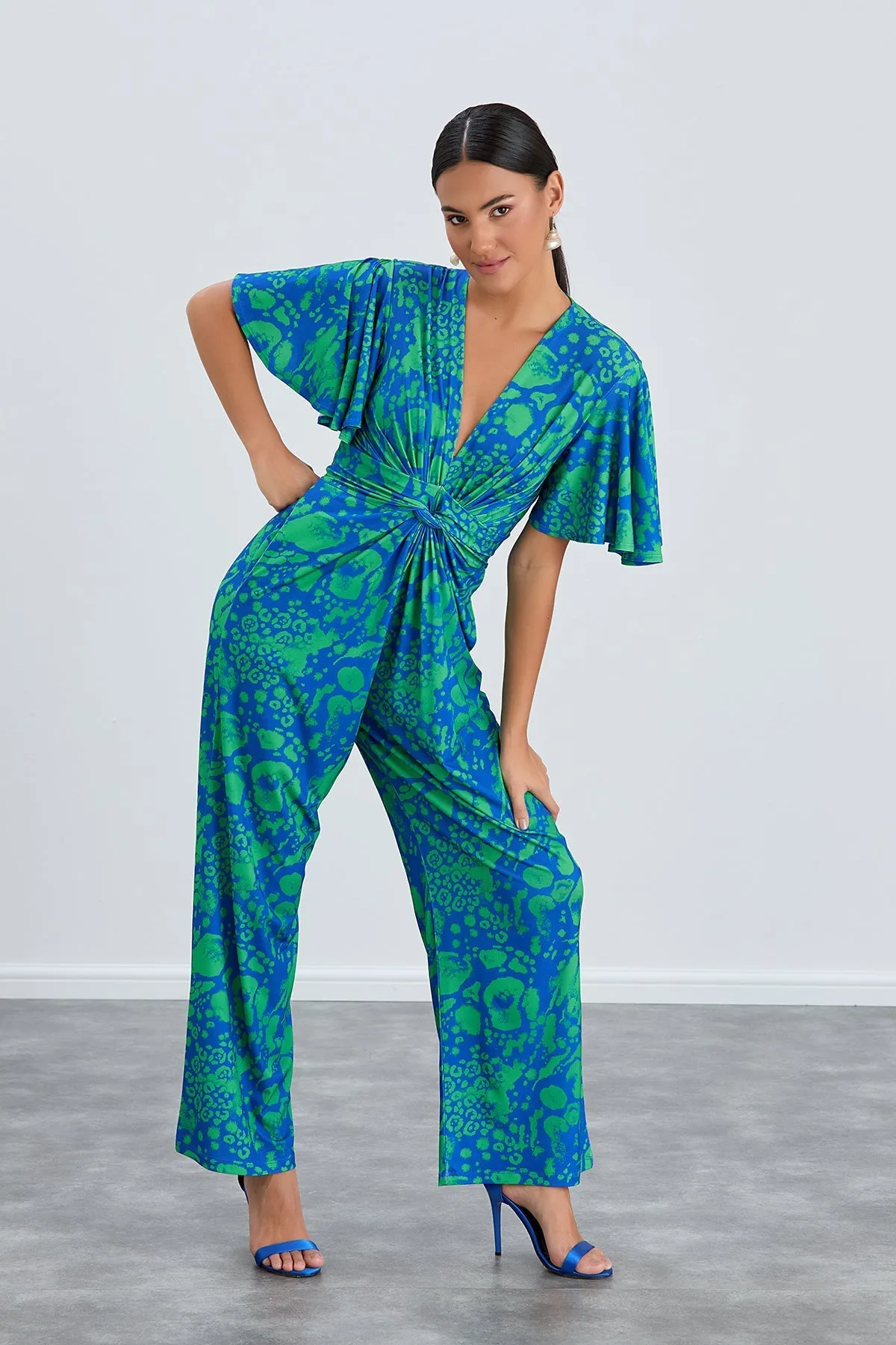 Tropical Green Angel Sleeve Maxi Jumpsuit with Twist Detail