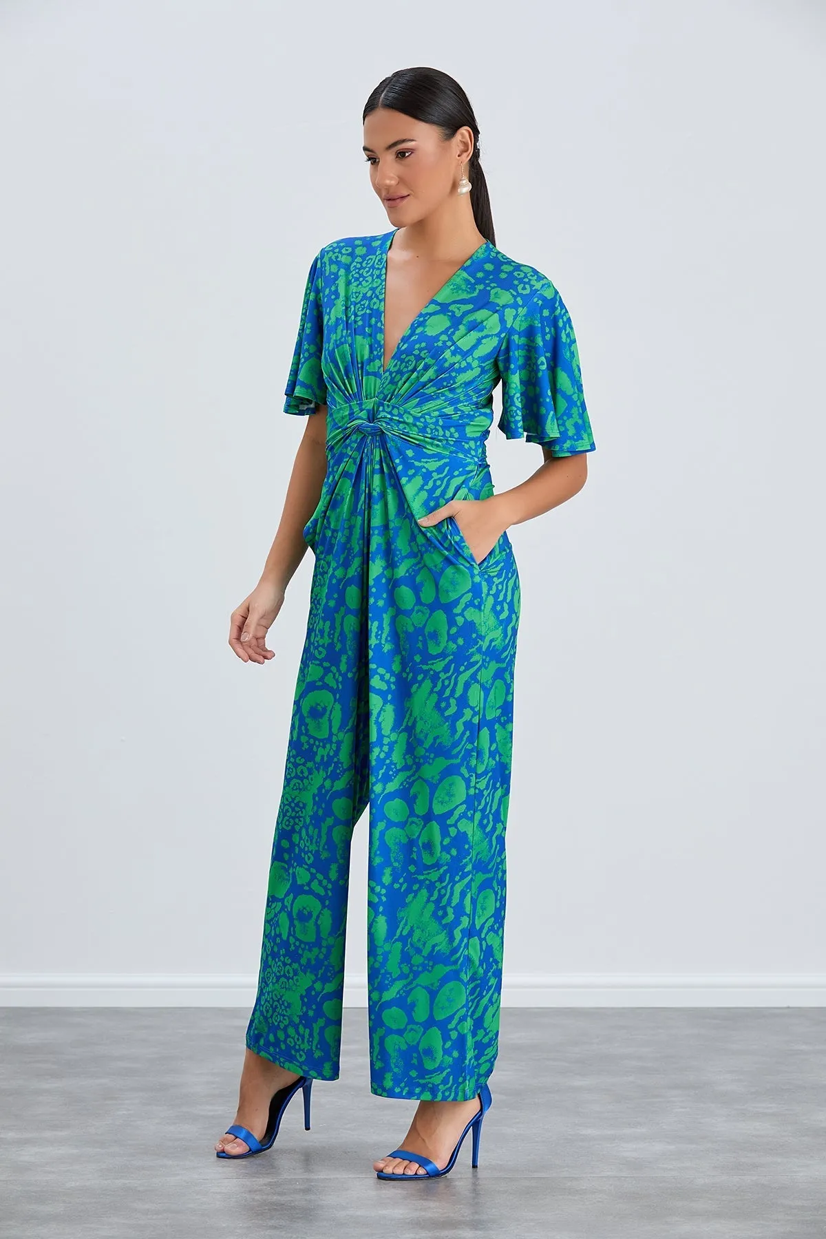 Tropical Green Angel Sleeve Maxi Jumpsuit with Twist Detail