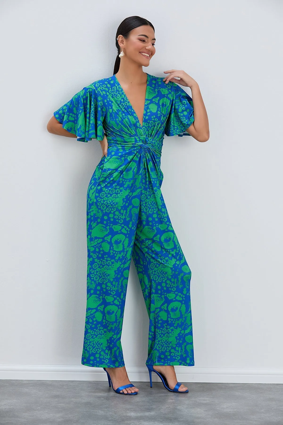 Tropical Green Angel Sleeve Maxi Jumpsuit with Twist Detail