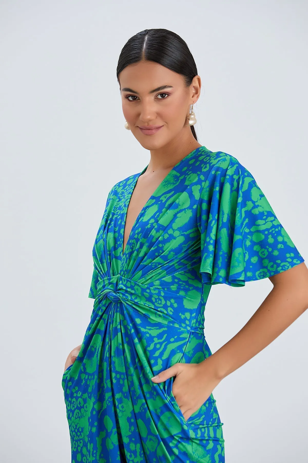 Tropical Green Angel Sleeve Maxi Jumpsuit with Twist Detail