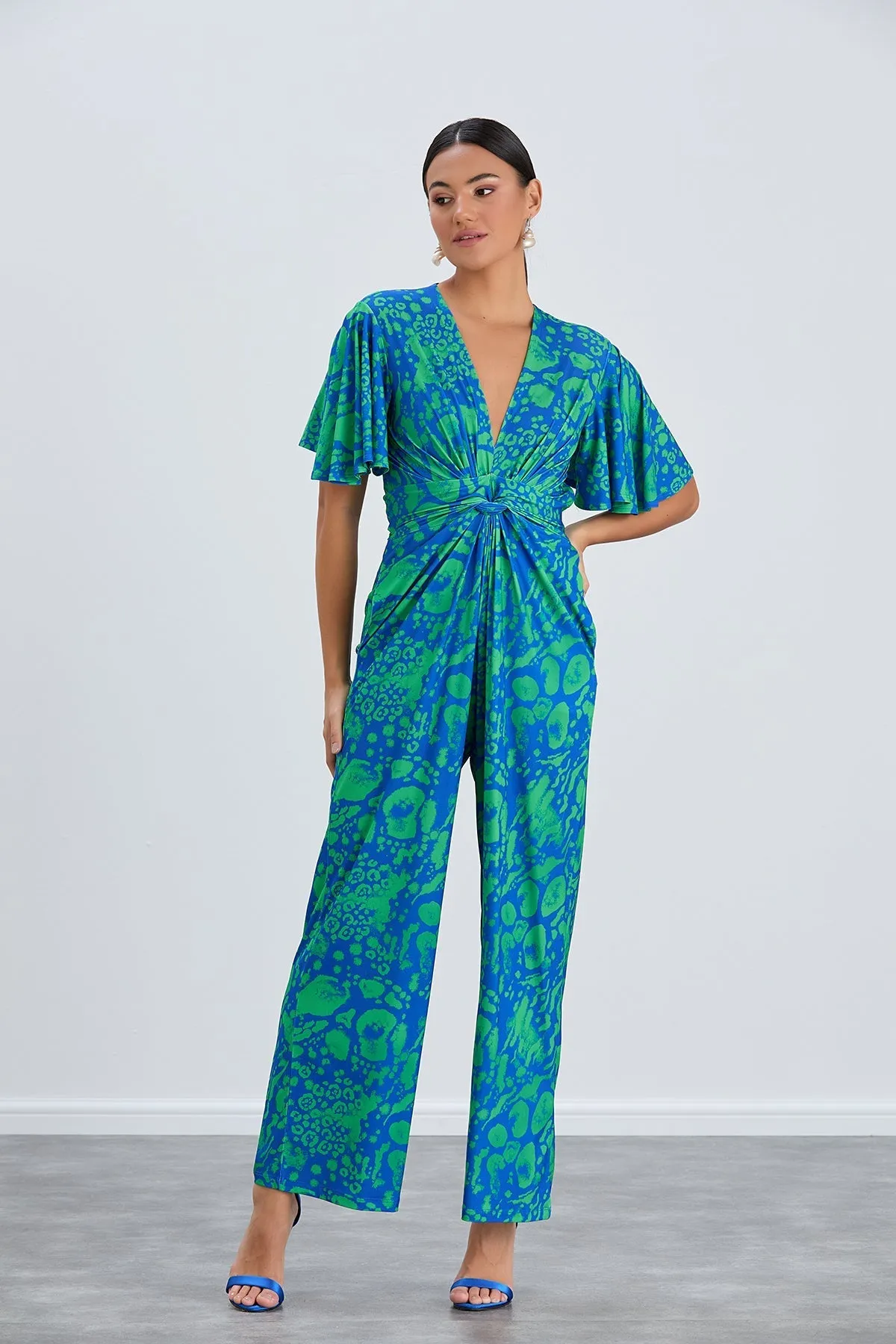 Tropical Green Angel Sleeve Maxi Jumpsuit with Twist Detail