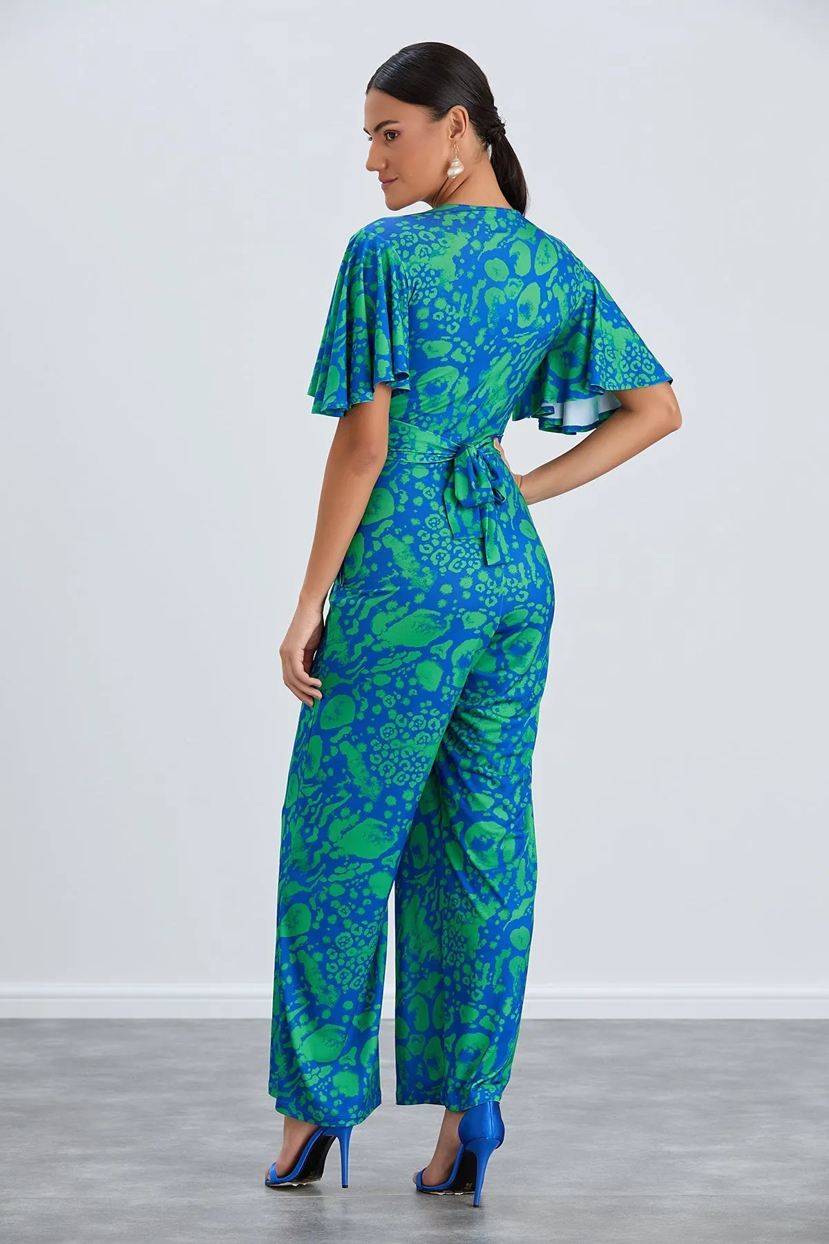 Tropical Green Angel Sleeve Maxi Jumpsuit with Twist Detail