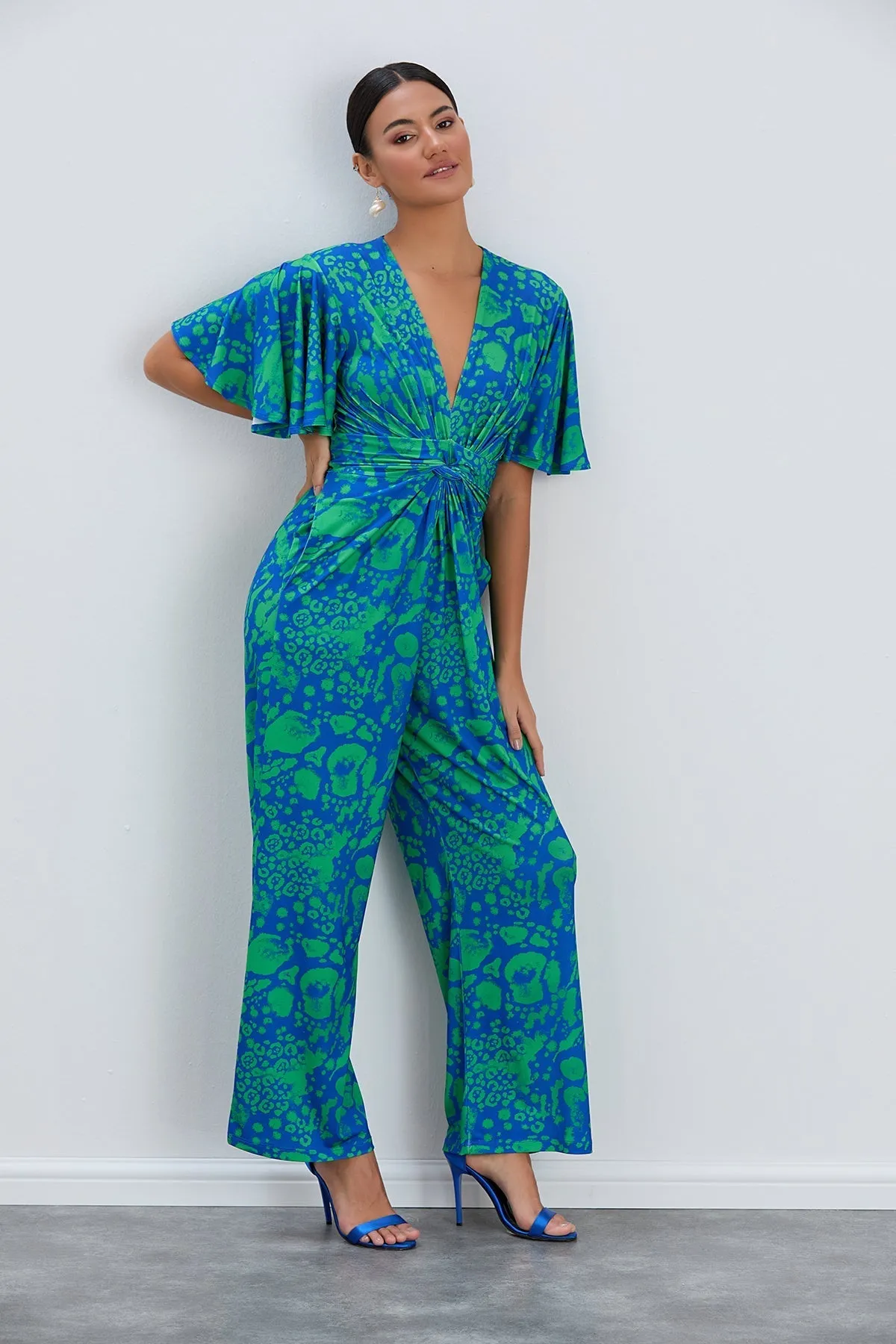 Tropical Green Angel Sleeve Maxi Jumpsuit with Twist Detail