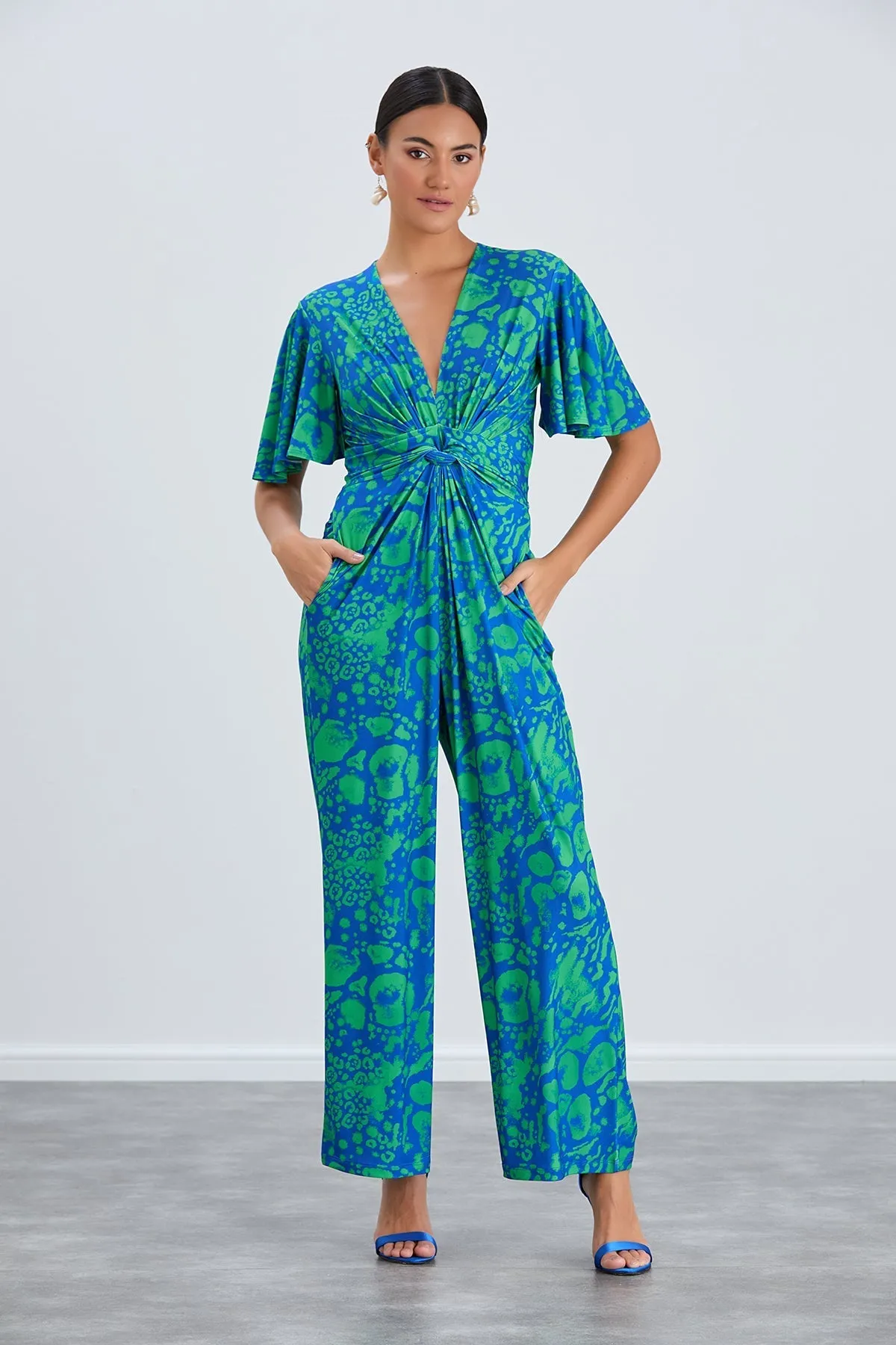 Tropical Green Angel Sleeve Maxi Jumpsuit with Twist Detail