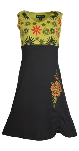 V-Neck Dress With Flower Pattern & Embroidery.