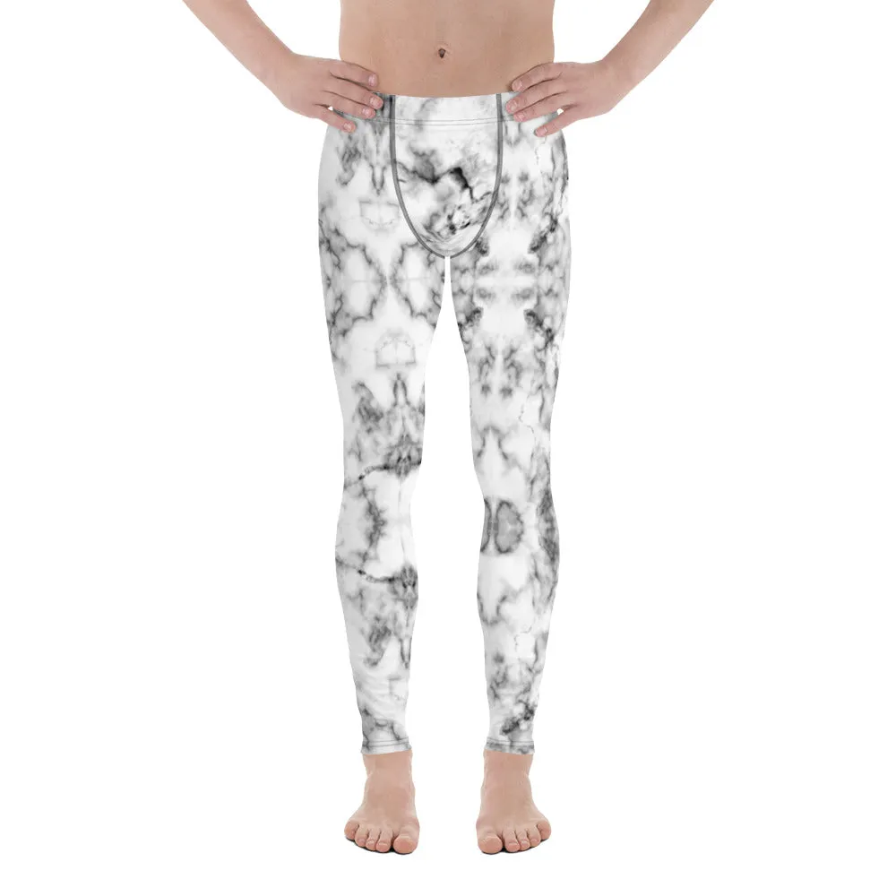 White Marble Print Men's Leggings, Grey White Marbled Pattern Printed Meggings-Made in USA/EU/MX