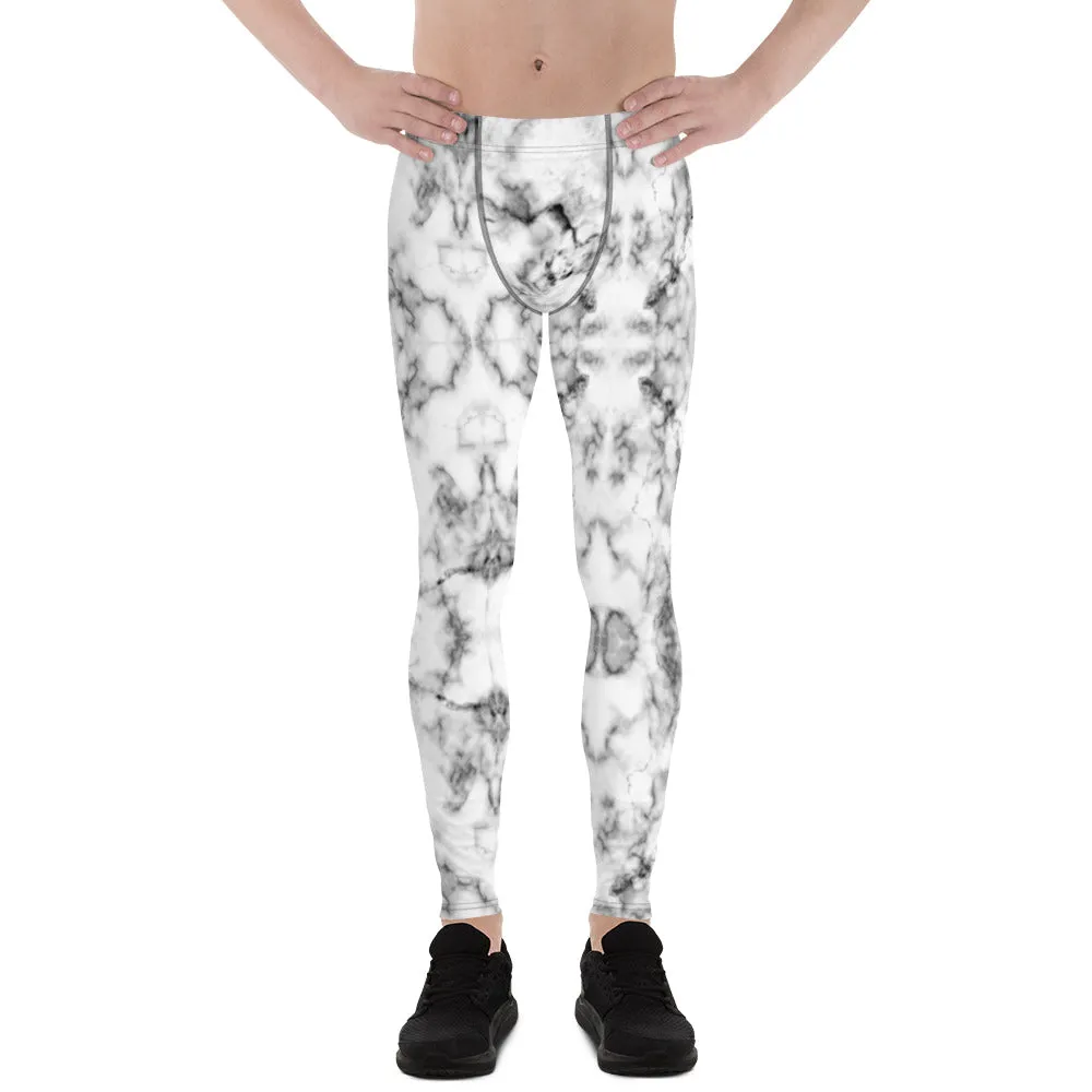 White Marble Print Men's Leggings, Grey White Marbled Pattern Printed Meggings-Made in USA/EU/MX