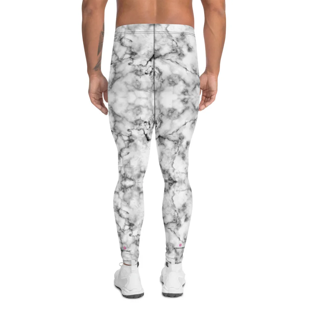 White Marble Print Men's Leggings, Grey White Marbled Pattern Printed Meggings-Made in USA/EU/MX