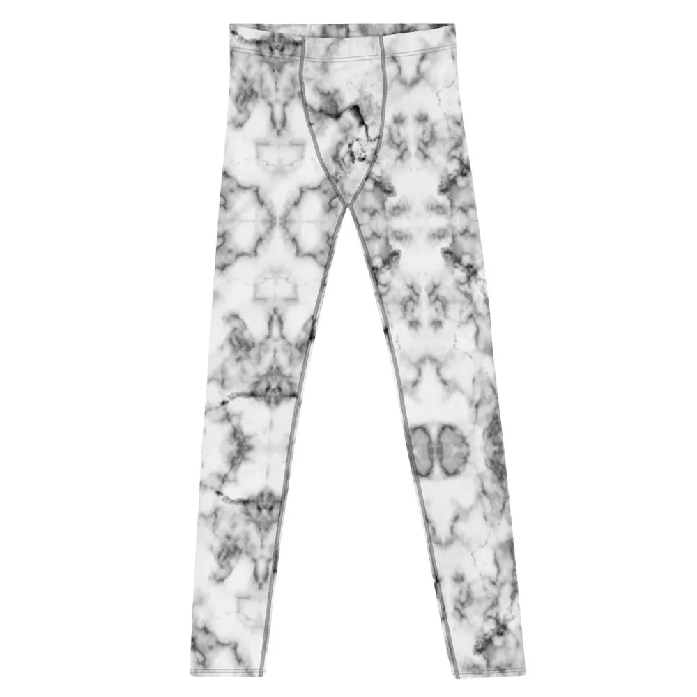 White Marble Print Men's Leggings, Grey White Marbled Pattern Printed Meggings-Made in USA/EU/MX