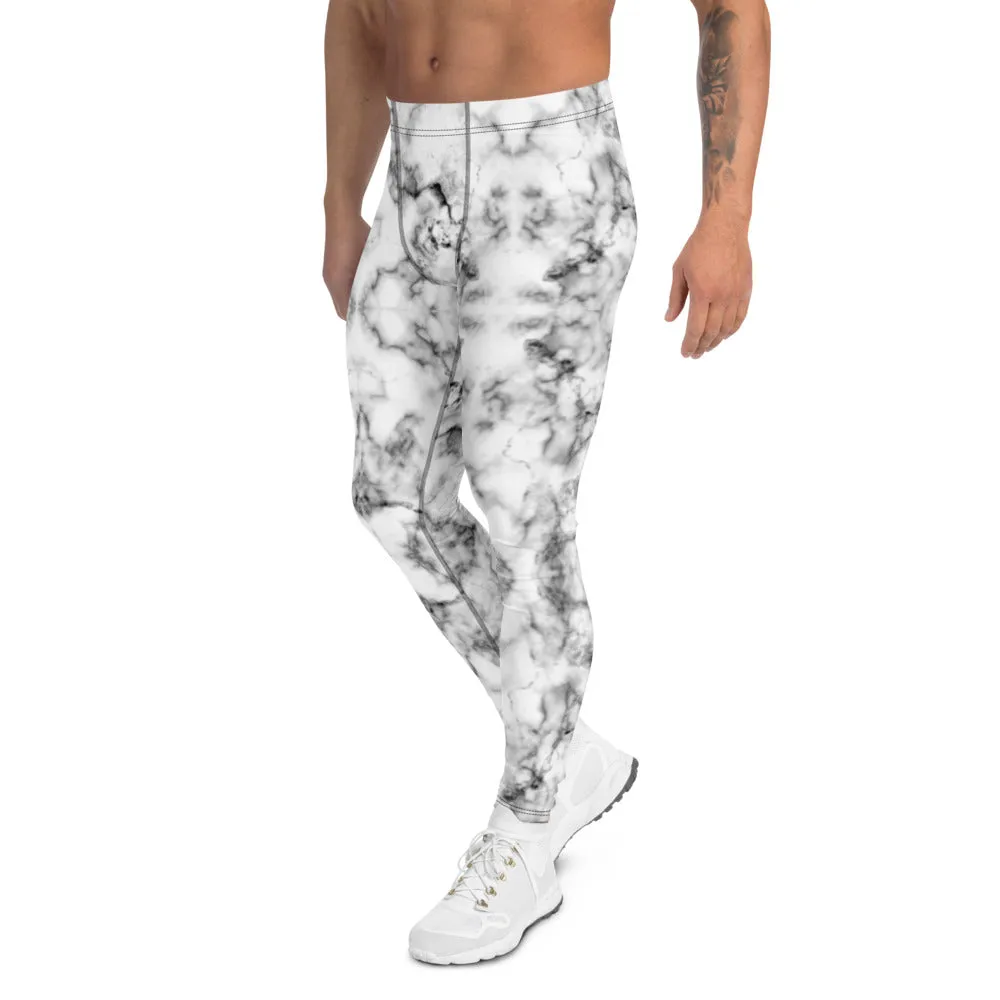 White Marble Print Men's Leggings, Grey White Marbled Pattern Printed Meggings-Made in USA/EU/MX