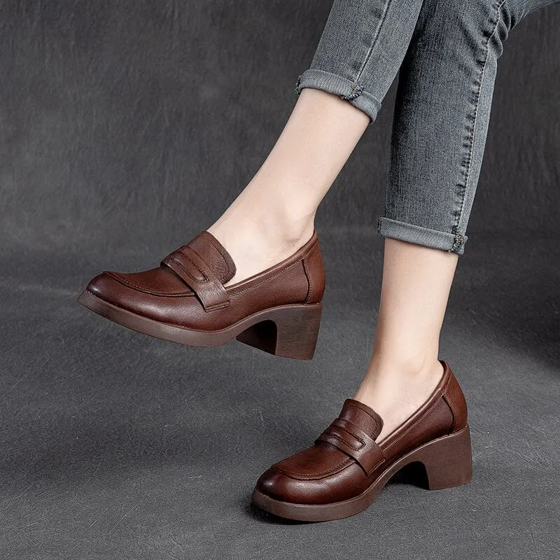 Women Retro Minimalist Leather Chunky Heel Loafers