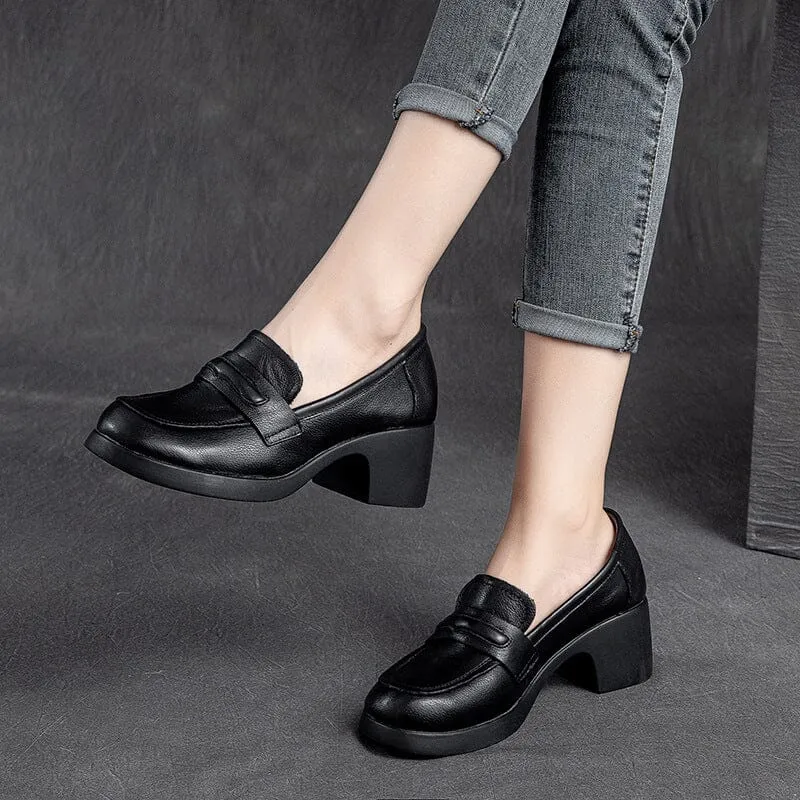 Women Retro Minimalist Leather Chunky Heel Loafers