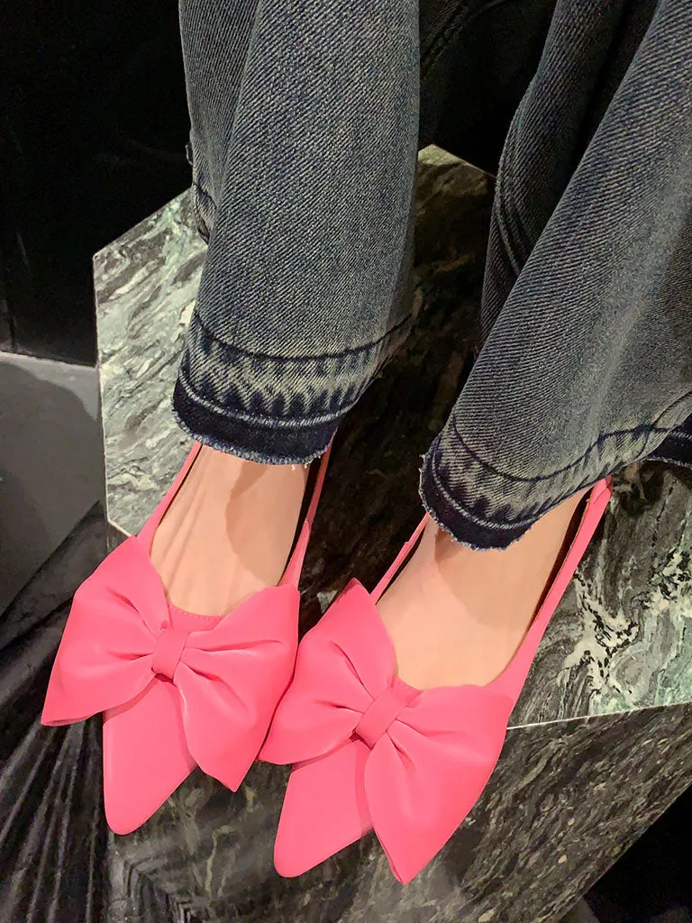 Women's Solid Color Bowknot Pointed Toe Leather Boho Flats