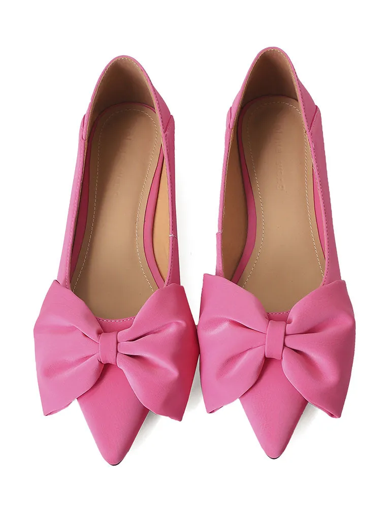 Women's Solid Color Bowknot Pointed Toe Leather Boho Flats